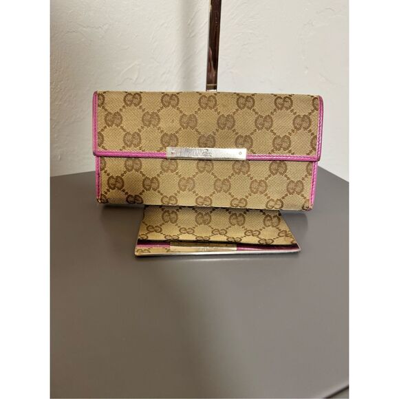 Gucci GG Monogram Long Wallet Tan/Pink - Picture 1 of 8